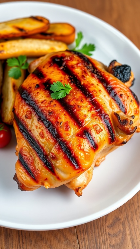 Juicy grilled chicken thigh on a plate with parsley and grilled vegetables.